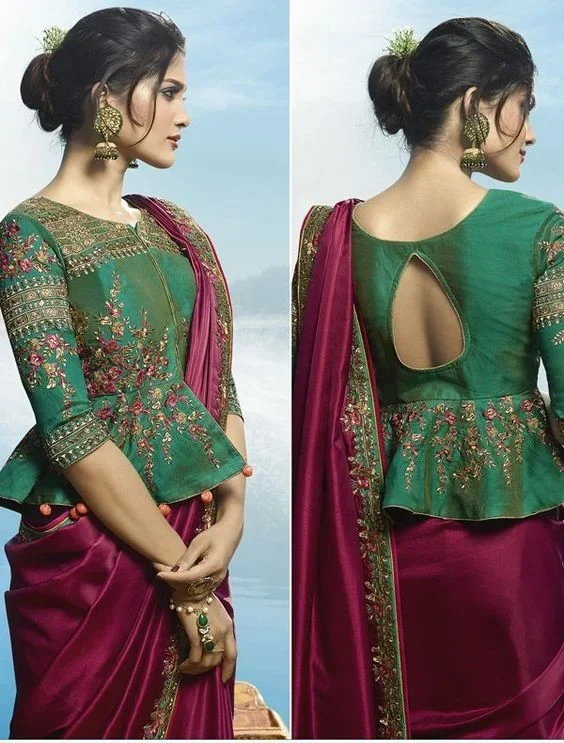 Green Peplum Fancy Saree Blouse Designs