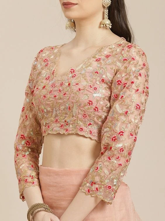 Floral Embroidery on Peach Fancy Saree Blouse Design