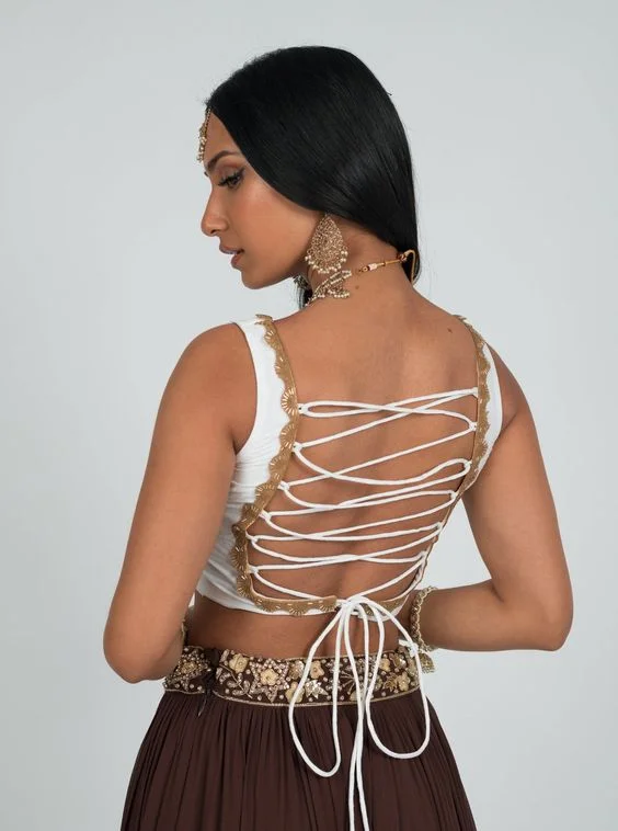 Round Cutout with Fringes Back Blouse Design