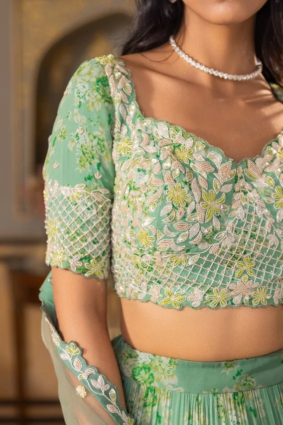 Floral Embroidery on Sheer V-neck Blouse