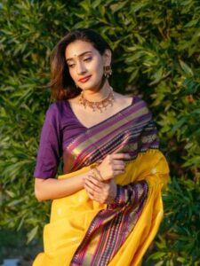 Yellow saree with purple details